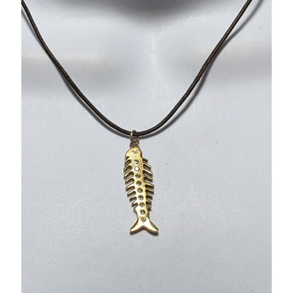 Glam Goth Fishbone Gold Sterling Pendant Necklace - Picture 7 of 10